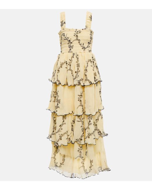 Ganni Metallic Floral Pleated Georgette Midi Dress