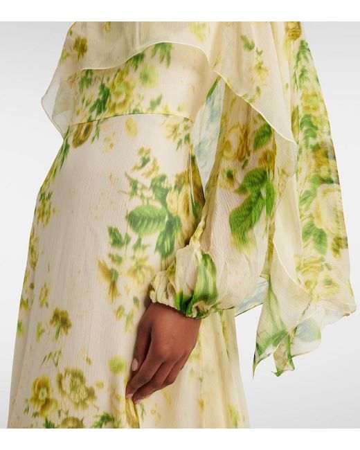 Erdem Yellow Draped Floral Silk Creponne Midi Dress