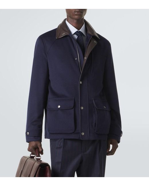 Brunello Cucinelli Blue Leather-Trimmed Wool Jacket for men