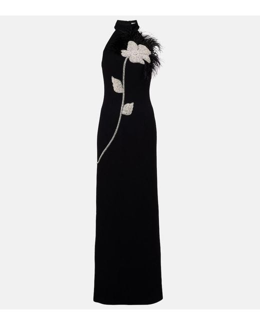 Rebecca Vallance Black Starlight Embellished Feather-Trimmed Gown