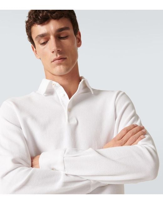 Loro Piana White Cotton Long-Sleeved Polo Sweater for men