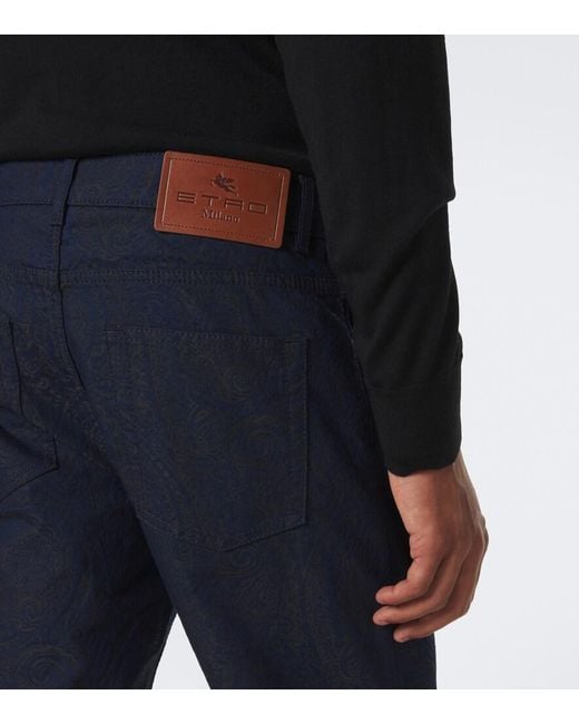 Etro Blue Jacquard Cotton-Blend Slim Pants for men