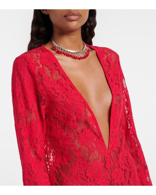 Bananhot Red Millie Cotton And Brocade Lace Minidress