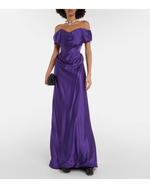 Robe longue en satin a encolure bardot Vivienne Westwood en coloris Purple