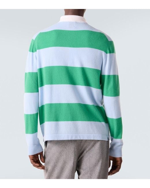 Allude Green Striped Wool And Cashmere Polo Sweater for men