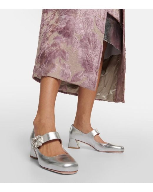 Roger Vivier White Tres Vivier Metallic Leather Mary Jane Pumps