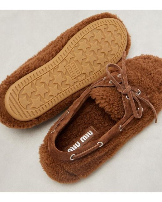 Miu Miu Brown Suede-Trimmed Shearling Boat Shoes