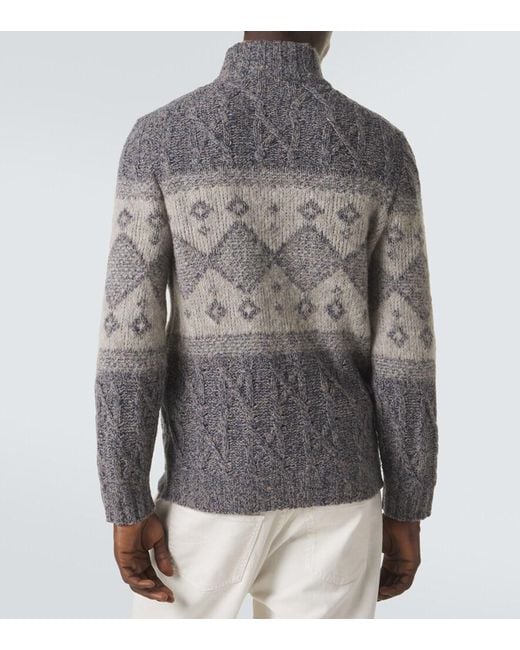 Brunello Cucinelli Gray Fair Isle Wool, Silk, And Cashmere Cardigan for men