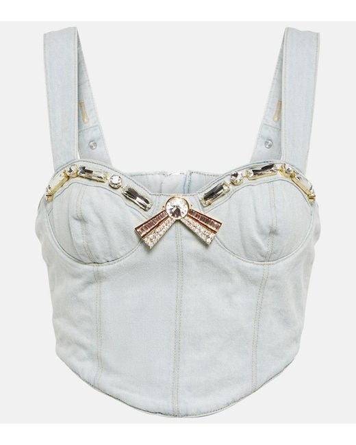 Area White Crystal-embellished Denim Crop Top