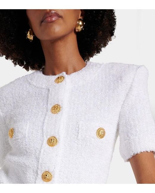 Balmain White Pointelle Ribbed Cropped Cardigan