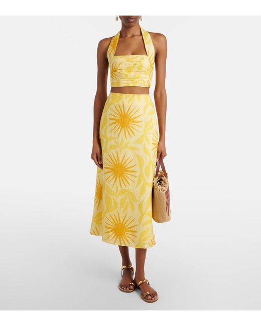 Cala De La Cruz Yellow Fuji Printed Halterneck Linen Crop Top