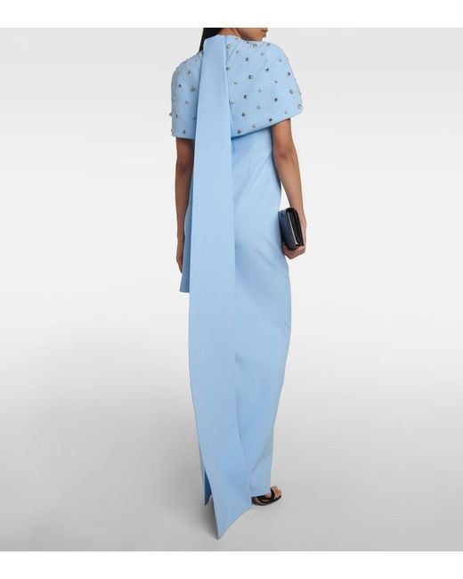 Safiyaa Blue Crystal-Embellished Caped Gown