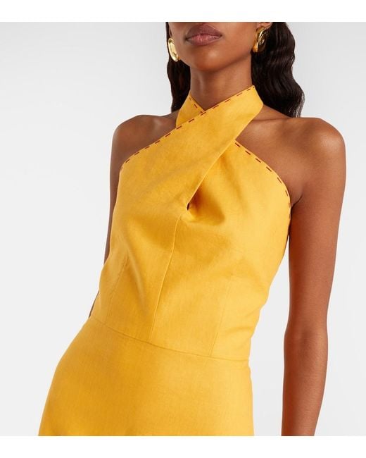 Cala De La Cruz Yellow Veneta Floral-Applique Linen Minidress