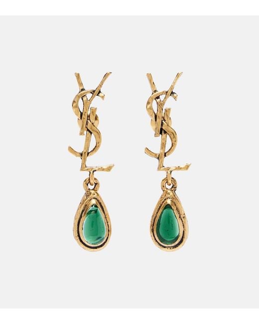 Saint Laurent White Cassandre Embellished Drop Earrings