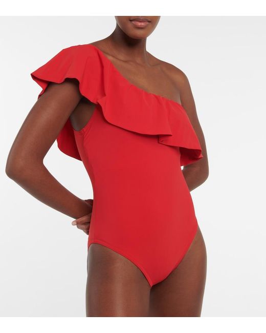 Karla Colletto Red Ruffle-Trimmed One-Shoulder Swimsuit