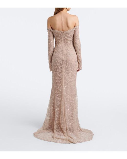 Marmar Halim Natural Sequined Lace Off-Shoulder Gown
