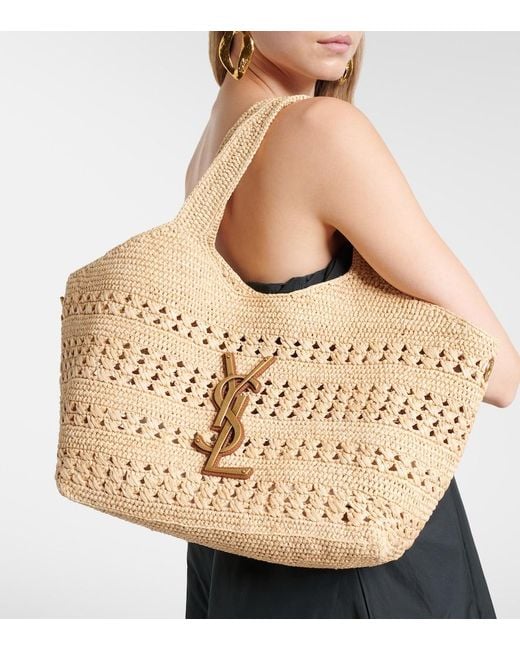 Saint Laurent Metallic Icare Medium Crochet Raffia Tote Bag
