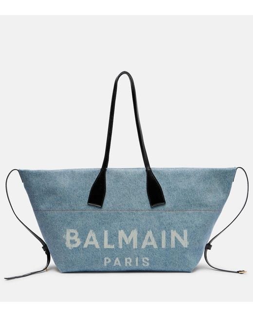 Balmain Blue Track Leather-Trimmed Denim Tote Bag