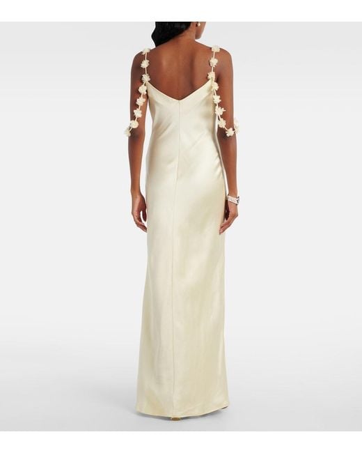 Self-Portrait White Floral-Applique Satin Maxi Dress