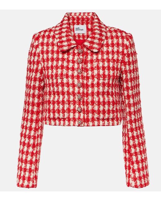 Self-Portrait Red Crystal-embellished Metallic-bouclé Woven Jacket
