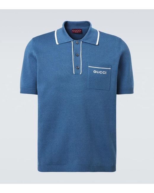 Gucci Blue Silk And Cotton Polo Shirt for men