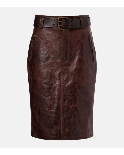 Saint Laurent Brown Belted Leather Pencil Skirt