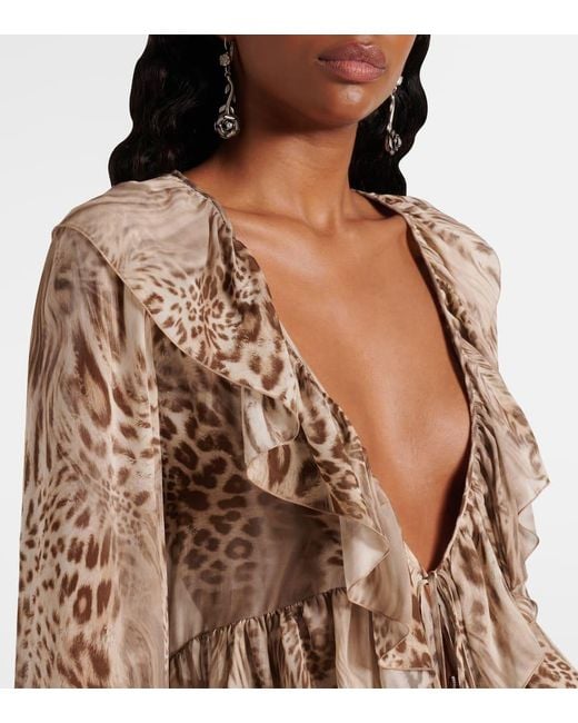 Blumarine Brown Ruffled Leopard-Print Chiffon Top