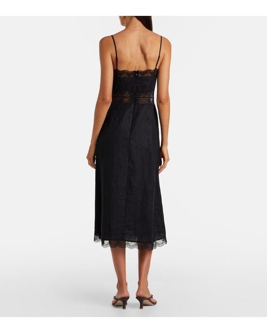 Staud Black Amalina Lace-Trimmed Linen Midi Dress