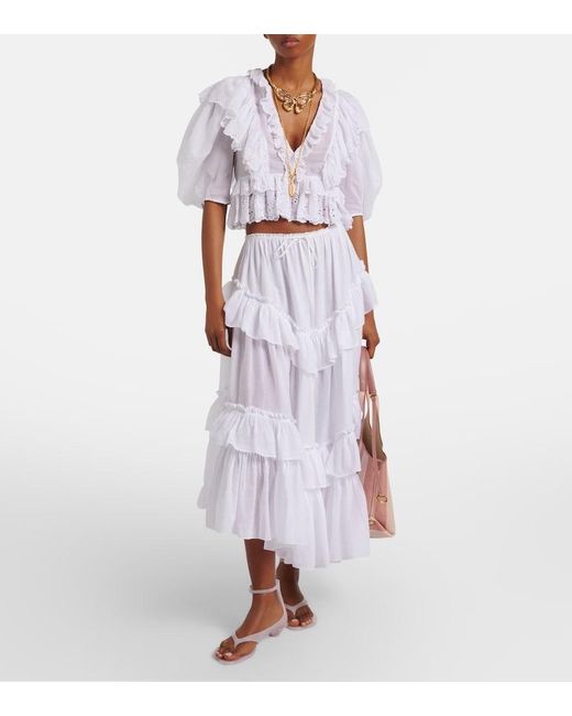 Chloé Blue Embroidered Ruffled Cotton Top