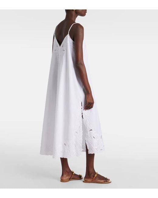 Juliet Dunn White Embroidered Cotton Poplin Midi Dress
