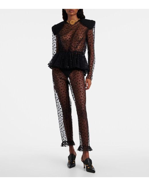 Chloé Black Polka-Dot Peplum Cotton-Blend Tulle Top