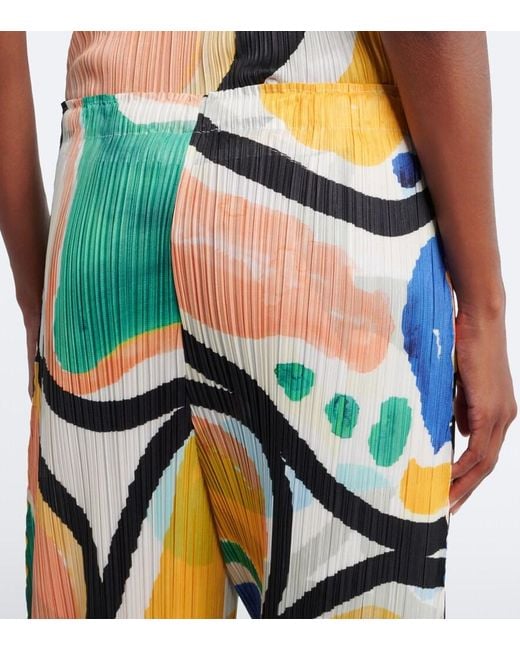 Pleats Please Issey Miyake Blue Roll Pleated Printed Wide-Leg Pants