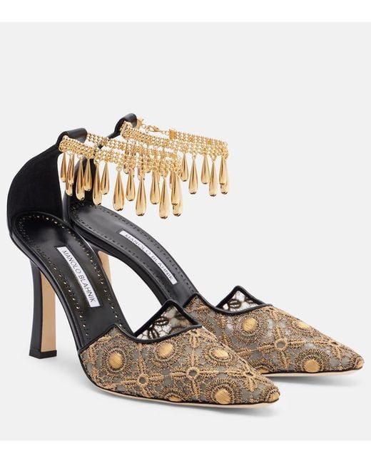 Manolo Blahnik Metallic Harnicus 105 Leather-Trimmed Lace Pumps
