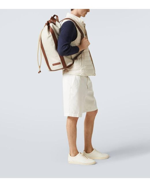 Brunello Cucinelli Brown Leather-Trimmed Canvas Backpack for men