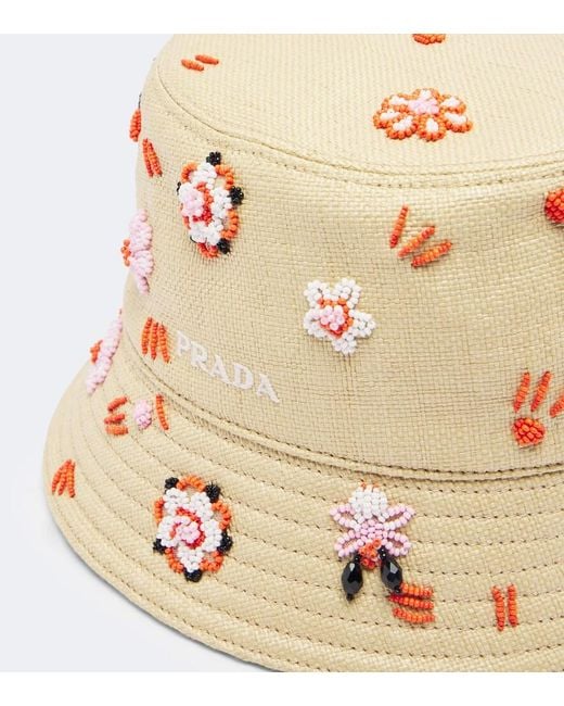 Prada Natural Embroidered Canvas Bucket Hat