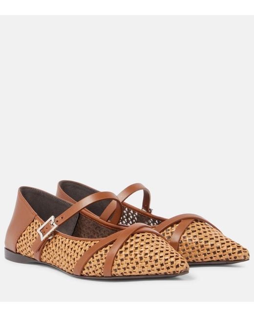 Max Mara Brown Woven Leather-Trimmed Mary Jane Flats