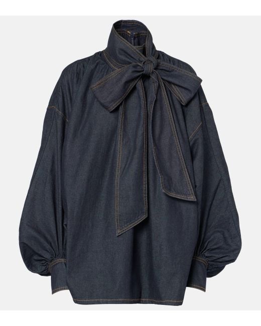 Zimmermann Blue Illustration Tie-Neck Denim Blouse