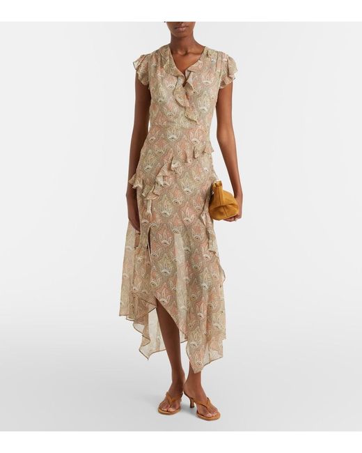 Veronica Beard Natural Avenel Printed Ruffled Silk Midi Dress