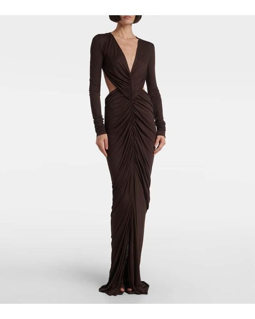 Rick Owens Brown Poppy Ls Ruched Open-Back Jersey Gown