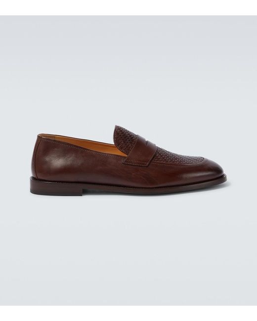 Brunello Cucinelli Brown Woven Leather Penny Loafers for men