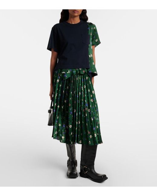 Sacai Floral Plisse Satin Midi Skirt in Green | Lyst UK