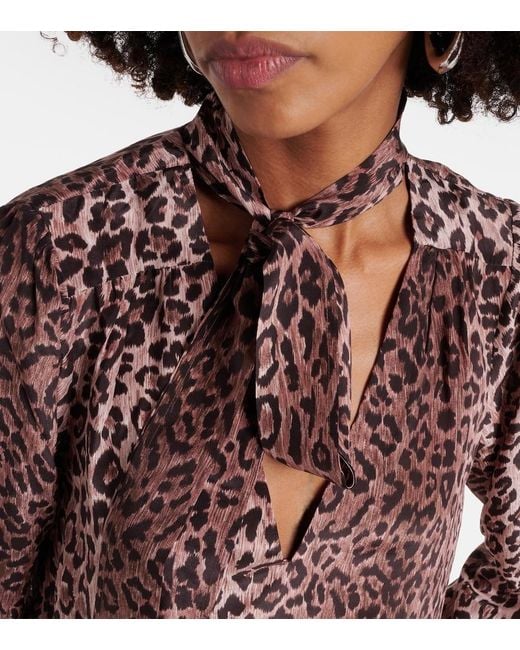 Rixo Brown Moss Leopard-Print Silk Blouse