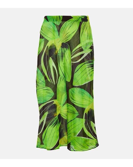 Louisa Ballou Green Printed Cotton And Silk Georgette Midi Skirt