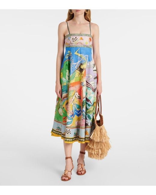 ALÉMAIS Blue Lucky Pace Printed Linen Midi Dress