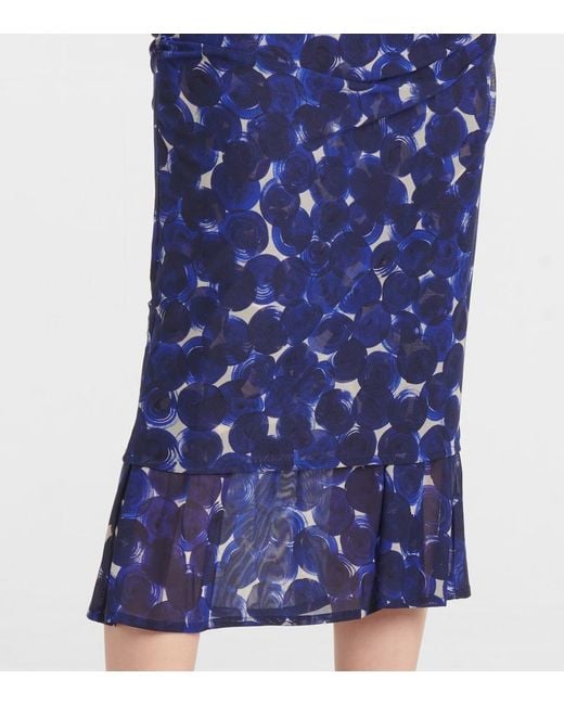 Dries Van Noten Blue Printed Gathered Jersey Midi Skirt