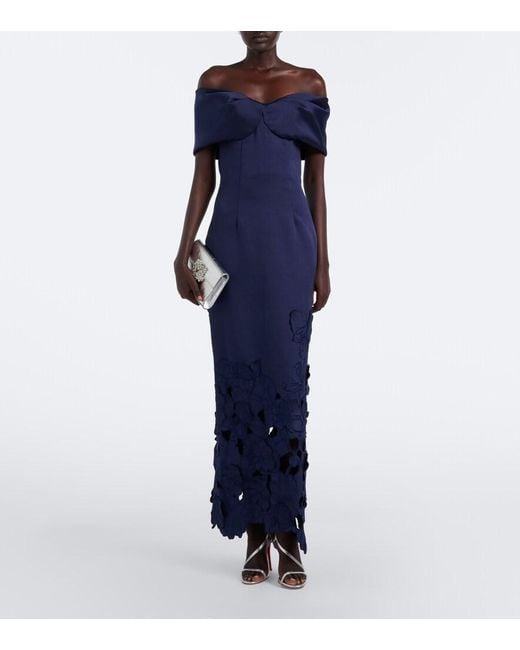 Costarellos Blue Norelle Off-Shoulder Satin Midi Dress
