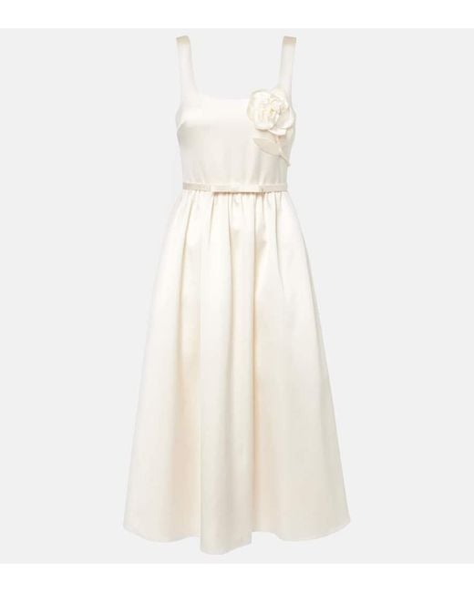 Self-Portrait White Bridal Floral-Applique Satin Midi Dress