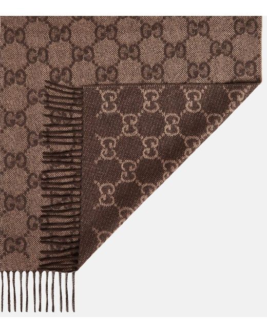 Gucci Brown GG Jacquard Fringed Cashmere Scarf