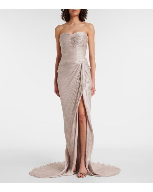 Marmar Halim Natural Caped Gathered Pleated Silk Gown