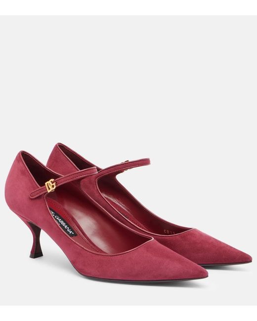 Dolce & Gabbana Red Dg Leather-Trimmed Suede Mary Jane Pumps
